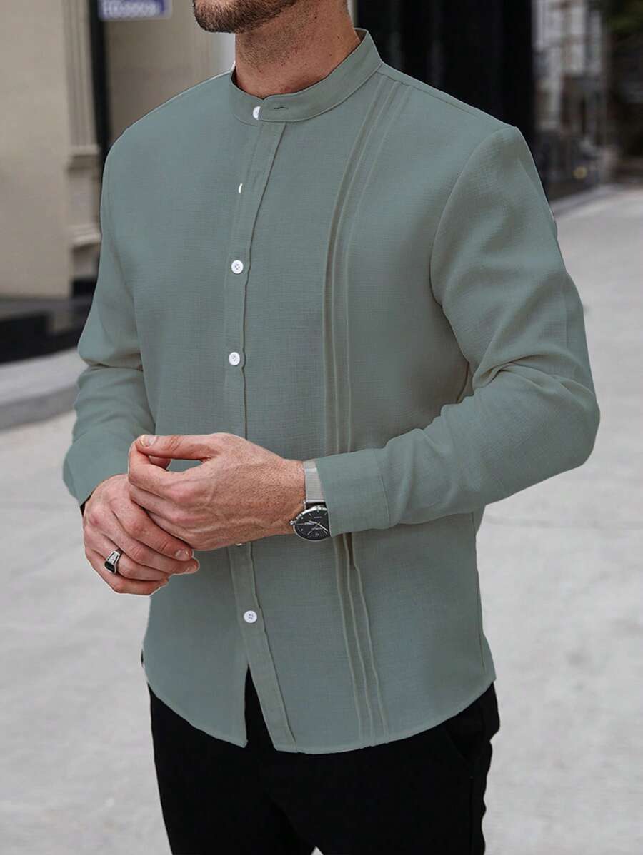 Manfinity Homme Men's Casual Business Commute Solid Color Long Sleeve Button-Up Shirt,Men's Solid Color Texture Casual Wrinkle Double Patch Bag Commuting Light Mature Long Sleeved Button Up Shirt - Cadet Blue - View 1