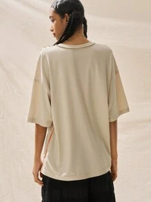Easelle Camiseta holgada de manga corta de estilo informal y vintage en color caqui para mujer