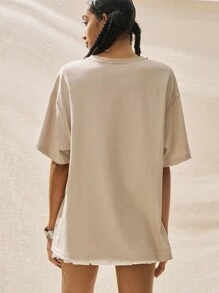 Easelle Botas de mujer de punto color albaricoque, camiseta de cuello redondo con estampado y hombros caídos - Albaricoque - Ver 3