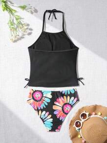 SHEIN Tween Girls' Fitted Casual Minimalist Comfortable Butterfly Tied Decor Camisole Bikini Top