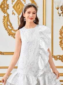 SHEIN Vestido sin mangas con ruedo asimétrico y volantes de satén con jacquard de brocado elegante para adolescentes, adecuado para bodas, fiestas y festivales