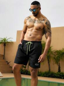 Surfspeed 大码男士撞色抽绳腰沙滩短裤泳装，休闲度假 - 黑色 - 查看 4