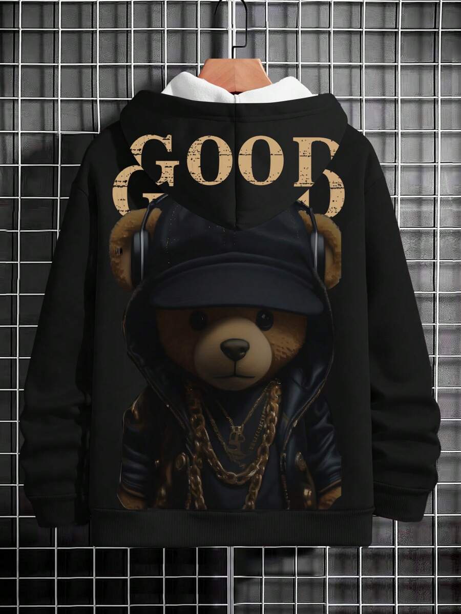 男童卫衣，酷炫耳机熊数码印花，休闲街头风 - 黑色 - 查看 1