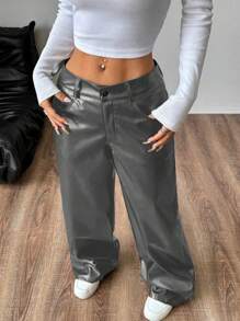 Flirla 女士宽松口袋 PU 皮革直筒裤