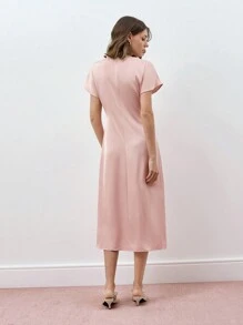 Maija Vestido informal de corte ceñido midi con cuello redondo y manga corta, de unicolor, para mujeres, para ocasiones como el 4 de julio, São João, graduación y fiestas.