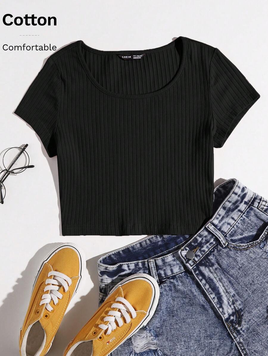 SHEIN EZwear Áo thun Gân đan màu trơn Giải trí - màu đen - Xem 1