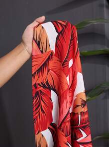 Slaydiva 3pcs Plus Size Women's Tropical Plant Print Loose Vacation Beach Set - Red - View 5