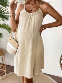 SHEIN Maternity Solid Color Spaghetti Strap Casual Mini Dress - Khaki - View 6