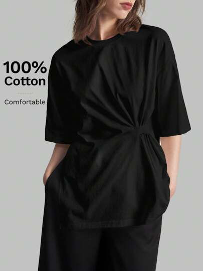 Ontre 2026SS New Women's Black Solid Color Casual Slim Fit T-Shirt, Loose Fit T-Shirt For Business, Leisure, Beach, Birthday Party, Teacher Uniform, Back To School, Office Wear