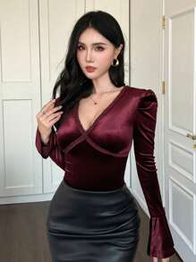 DAZY Nuova maglietta da donna con maniche a palloncino e ampia fascia, realizzata in tessuto speciale, top a maniche lunghe da donna, abbigliamento autunnale di lusso per donne