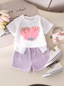 Young Girl Ivory Tee With Colorful Heart & Bow Decor, Purple Pocket Denim Shorts Set, Activewear Cute & Sweet Children Outfit - Purple - View 5