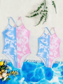 Tween Girls' Tie-Dye Printed One-Piece Swimsuit, Flattering - Multicolor - View 3