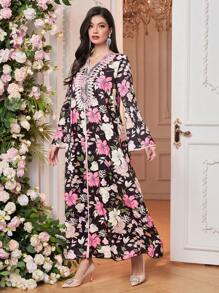 SHEIN 女士简约时尚土耳其阿拉伯传统长款束腰外衣浪漫花卉特别蕾丝长裙，日常母子装（3 件单独出售），朴素的长袍 - 彩色 - 查看 4