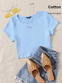 SHEIN EZwear Áo thun nữ Gân đan màu trơn Giải trí - Màu xanh nhạt - Xem 6