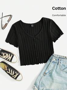 SHEIN EZwear 紐扣生菜邊短版上衣 - 黑色 - 查看 6