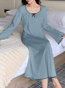 DAZY Sweet Contrast Bow Decor Wave Hem Flare Sleeve Mid-Length Nightgown Pajama - Blue - View 5