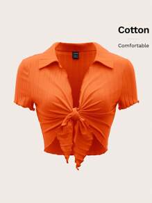 SHEIN EZwear Lettuce Trim Knot Front Crop Top