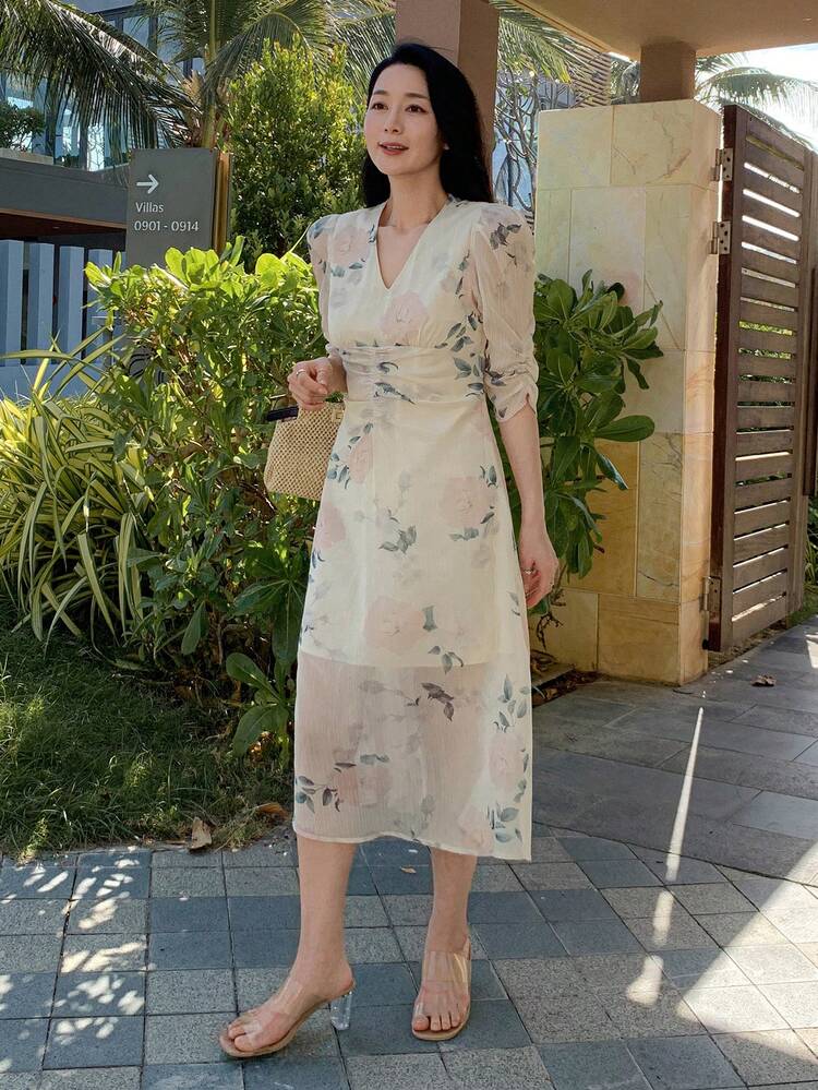 Women's V-Neck Long Sleeve Ruched Floral Print Fitted Dress