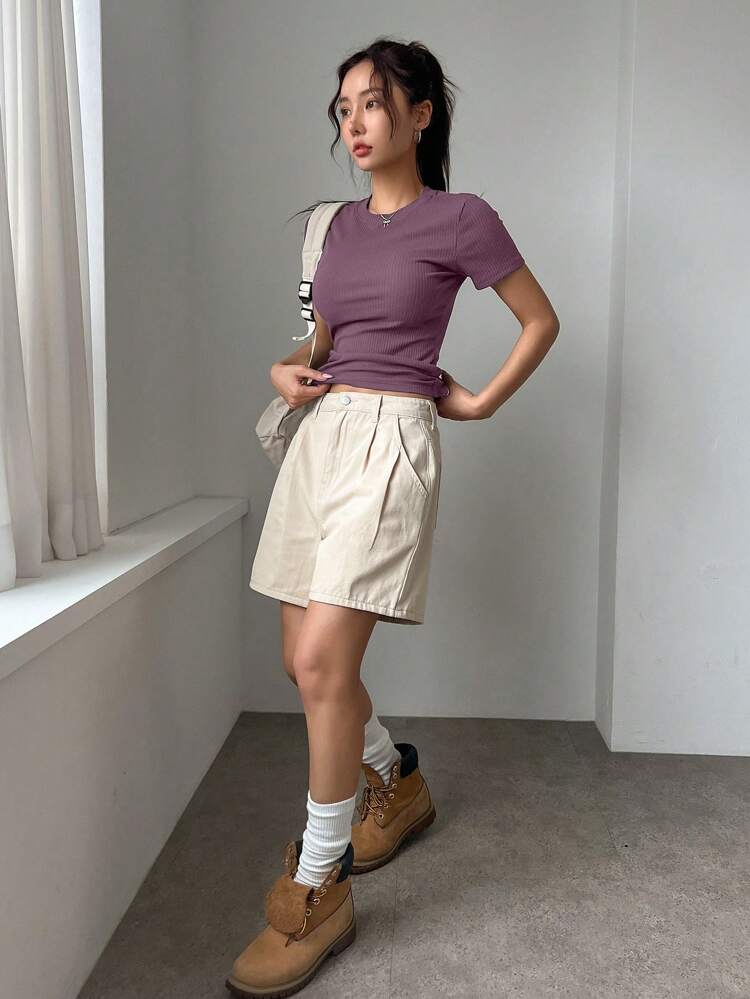 Women's Fashionable Slim-Fit Solid Color Short Sleeve T-Shirt For Summer