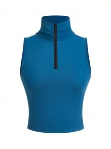 Solid Color Casual Stand Collar Sports Tank Top, For Yoga & Running - Navy Blue - View 1