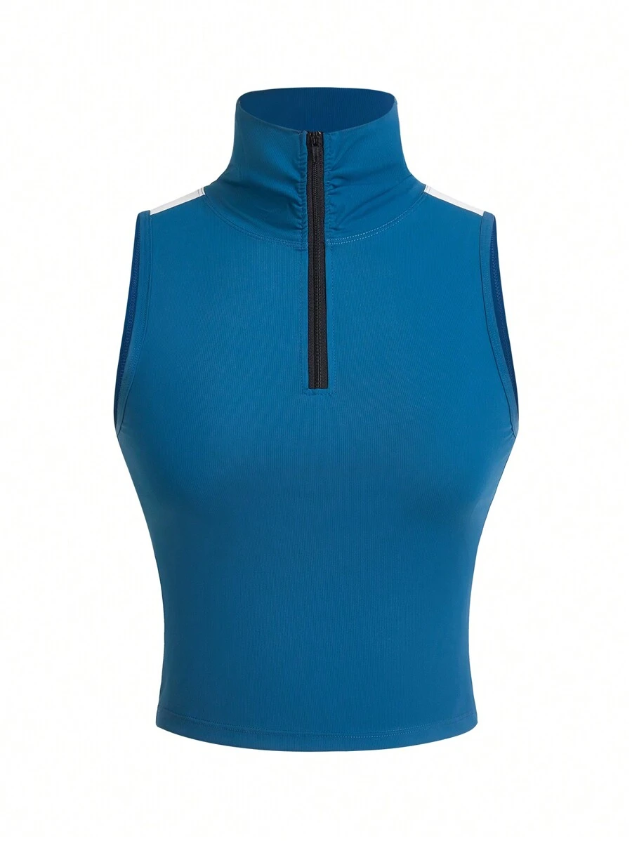 Solid Color Casual Stand Collar Sports Tank Top, For Yoga & Running - Navy Blue - View 1