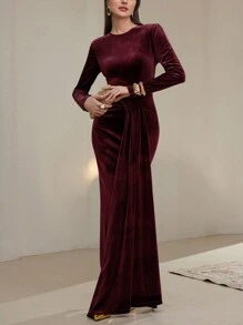 Modelyn Women's Elegant Floor-Length Solid Color Long Sleeve Dress With Flowing Detailing