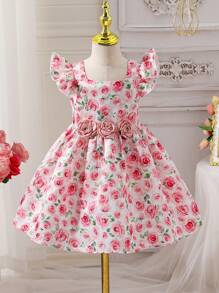 SHEIN Robe de jeune fille à manches volantées avec imprimé de fleurs Ditsy pour Pâques, Glow Young