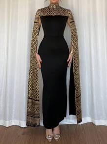 Rafferiza 女士优雅金箔装饰立领长喇叭袖收腰紧身连衣裙 - 黑色 - 查看 2