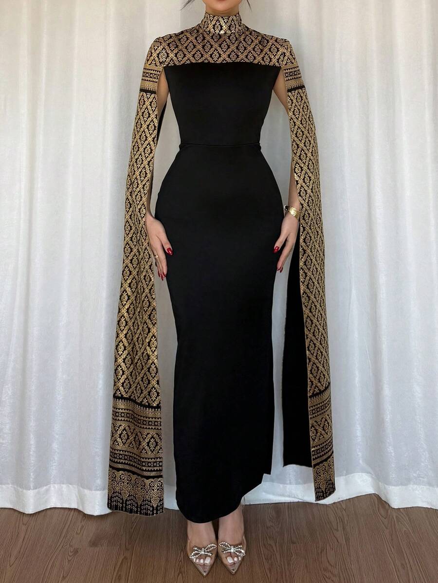 Rafferiza 女士优雅金箔装饰立领长喇叭袖收腰紧身连衣裙