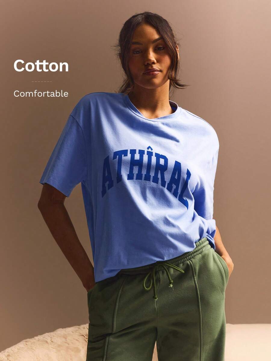 Athîral Women Letter Print Loose Fit Drop Shoulder Round Neck Casual T-Shirt - Blue - View 1