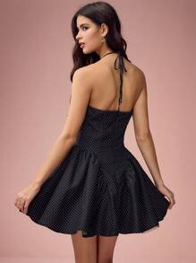 Enchnt Romantic Black Retro Polka Dot Print Sleeveless Button-Down Mini Dress Is Perfect For Spring And Summer. The Neckline Features A Bow, Exuding Sweetness, Elegance, And Sexiness. It's Ideal For Birthdays, Holiday Parties, Romantic Dates, Daily Commutes, Vacations, Graduation Season, Music Festivals, And More – A Perfect Choice For Women's Summer Wear And Carnivals. - Black - View 7