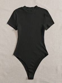 SHEIN EZwear Body casual de mujer de unicolor, cuello redondo, manga corta y acanalado - Negro - Ver 3