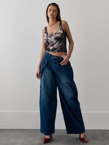 MUSERA Low Rise Baggy Fit Fold Flap Detail Loop Denim Jeans Spring 90's Cute Chic Summer - Blue - View 1