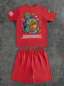 Manfinity Roghcode Manfinity Streetrush Men's Letter & Figure Graphic Round Neck Short Sleeve T-Shirt And Drawstring Waist Shorts Set, Casual - Multicolor - View 2