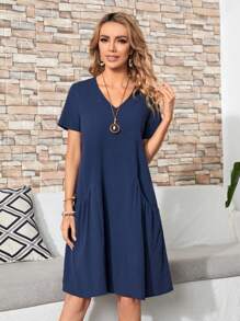 EMERY ROSE Vestido túnico unicolor con parche de bolsillo escote V - Azul Marino - Ver 7