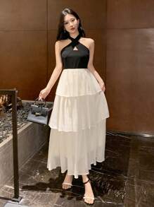 DAZY 女士优雅拼色露背吊带裙舞会礼服太阳裙 - 彩色 - 查看 1