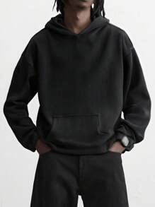 ROMWE MEN Casual Herren Herbst Langarm Lässig Kapuzen Denim Jacke, locker geschnitten mit Taschen - Schwarz - Übersicht 2