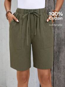 EMERY ROSE Linen Bermuda Shorts And Linen Solid Color Loose Knee-Length High Waisted Basic Shorts With Side Pockets Fashionable Style Summer Outfits For Women - Army Green - View 8