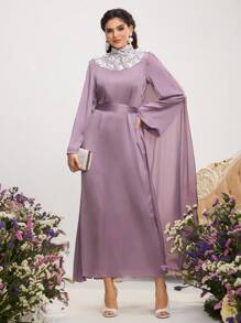 Al Najma Women's Contrast Lace Stand Collar Long Sleeve Flounce Hem Elegant Arabic Style Dress, Kaftan & Jalabiya - Purple - View 6
