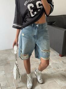 SHEIN ICON 女士牛仔百慕大短裤，休闲破洞工装百慕大短裤，蓝色，夏季服装，女士春季服装，女士沙滩装，女士早午餐装，女士牛仔装 Y2k 女士服装 - 藍色 - 查看 5
