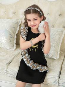 SHEIN Ramadan Girls Spring Dress, Girls Vintage Floral Print Ruffle Trim Moon Gold Print Front Panel Fitted Comfortable & Elegant Girls Dress - Multicolor - View 3