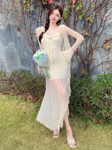DAZY 2pcs Women Vacation Textured Sheer Lace Top & 3D Floral Decor Dress,Ruffle Lounge Sets For Women - Beige - View 6