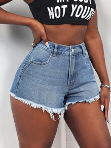 SHEIN Slayr Shorts vaqueros casuales de mujer con bolsillos delanteros y bordes deshilachados - Azul - Ver 6