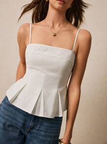 Poéselle Elegant Spaghetti Strap Peplum Top With Embroidered Detail - Ideal For Stylish Summer Outfits,Women's Peplum Tops, Spaghetti Strap Blouses, Cute Summer Tops, Embroidered Clothing, Chic Casual Wear - White - View 1