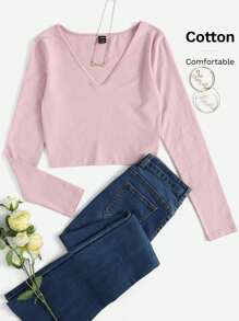 SHEIN EZwear Camiseta corta unicolor de cuello V - Rosa Pálido - Ver 1