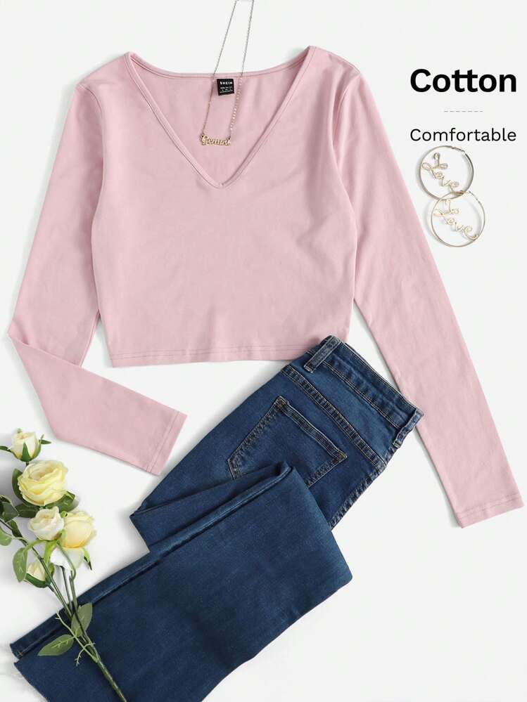 SHEIN EZwear เสื้อยืด ครอป สีพื้น คอวี - สีเบบี้ชมพู - ดู 1