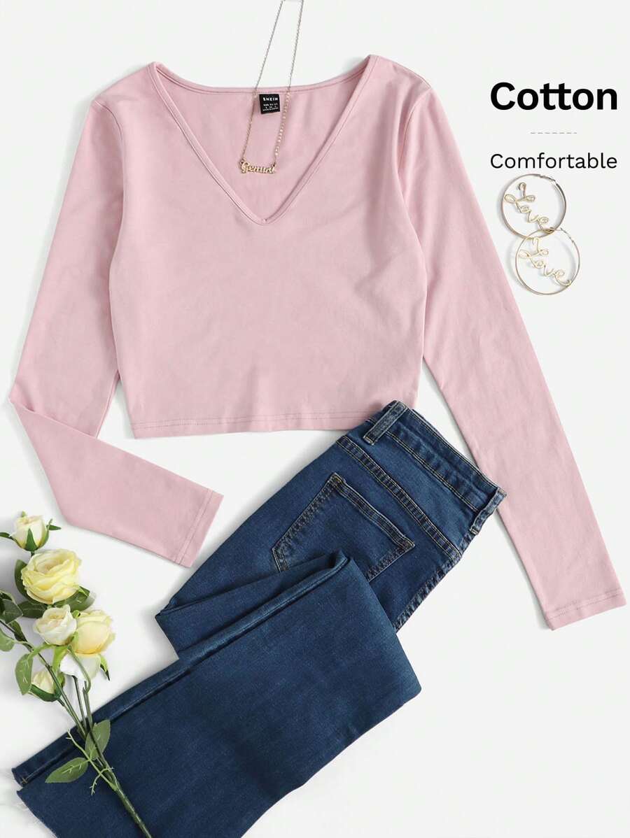 SHEIN EZwear Camiseta corta unicolor de cuello V - Rosa Pálido - Ver 1