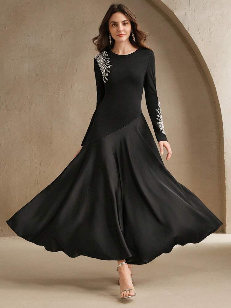 Vestido Midi Urbano Elegante com Gola Redonda, Manga Longa, Cintura Evasê e Franzida, Looks de Primavera para Mulheres, Dia dos Namorados, Noite de Encontro