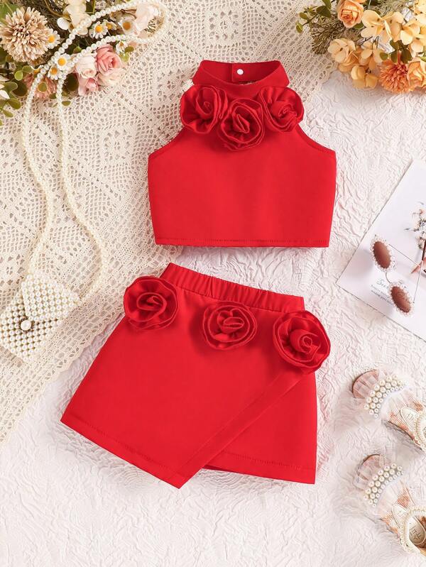 Baby Mädchen ärmelloses Blumen-T-Shirt mit Knöpfen und asymmetrischer Blumen-Rock Set, elegant und süß, modisch