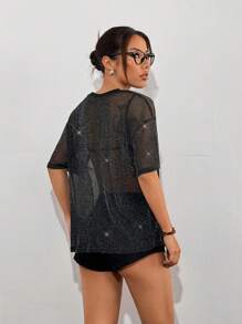 SHEIN EZwear 女款性感西式亮面黑色亮片網格短袖T恤，適合秋季音樂節、夜晚外出、夜店、萬聖節 - 黑色 - 查看 3